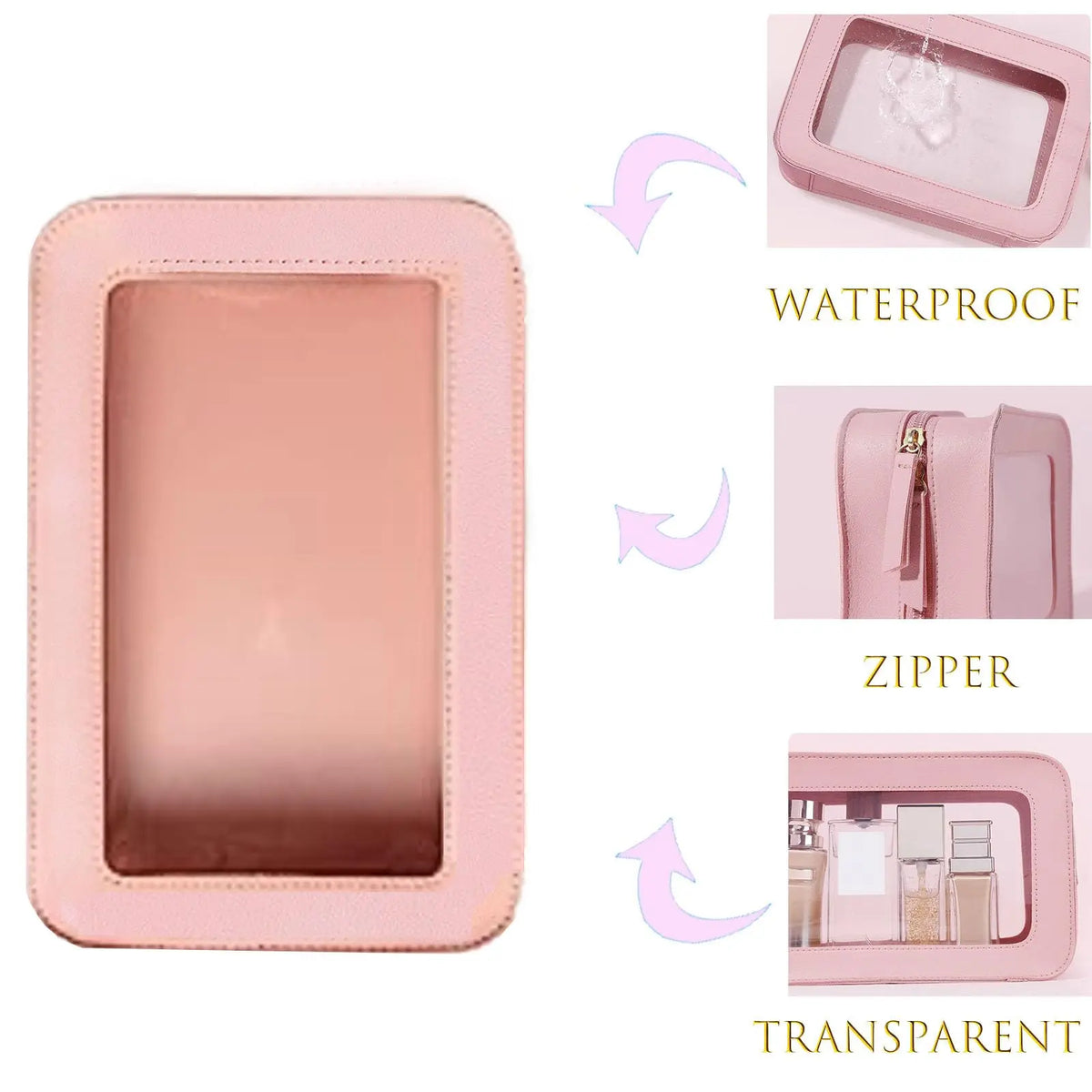 Clear and Waterproof Makeup Bag Portable Travel Cosmetic Case Organizer for Women Toiletry Pouch with Transparent Vinyl Windows Vue