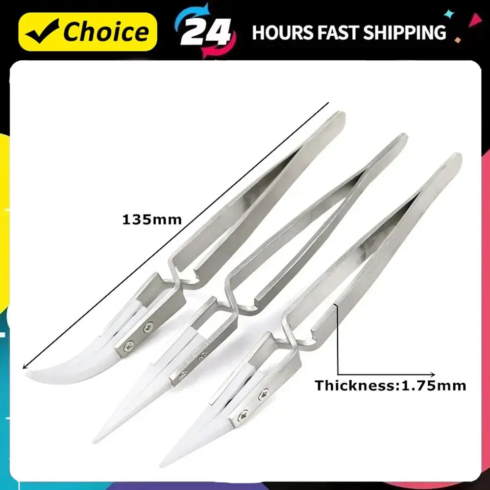 1-3pcs Ceramic Tip Labor-saving Electronic Soldering Tweezers, Anti-Static Reverse Acid Resistant Precision Chuck Tweezers Vue
