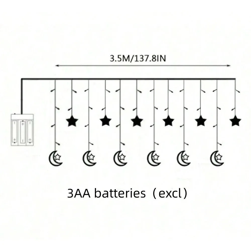 1PC 3.5M120LED Moon&Star LED curtain light,powered by 3AA batteries(excluding batteries),used for Ramadan room decoration Vue