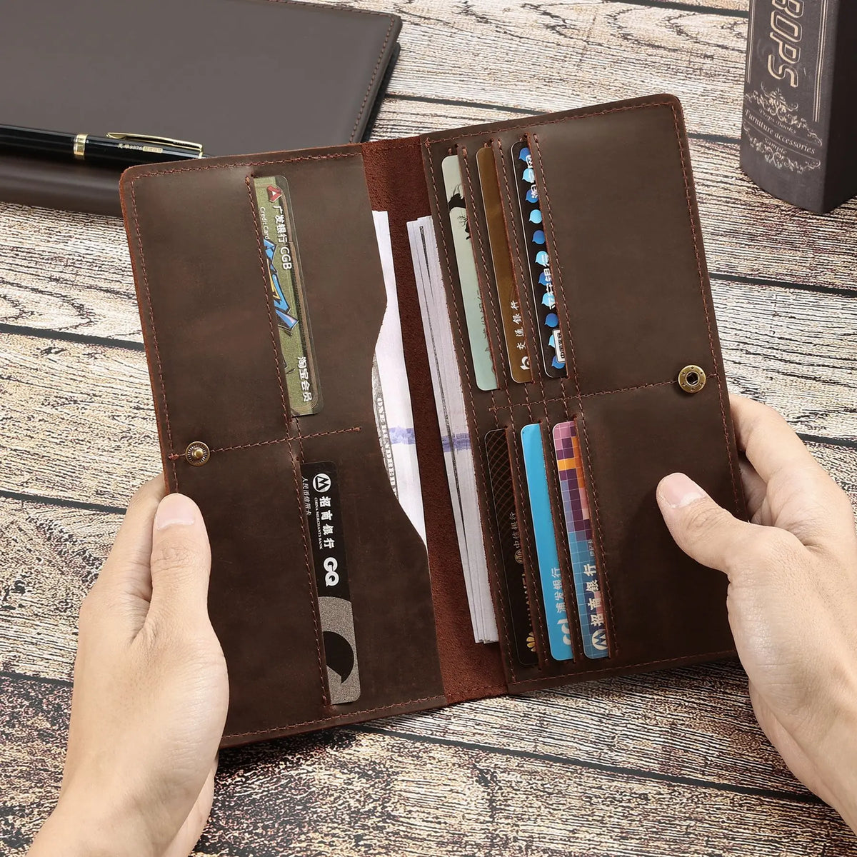 Crazy Horse Leather Retro Men's Wallet Long Simple Clutch Bag Men's High-end Leather Multi-card Wallet Vue brown