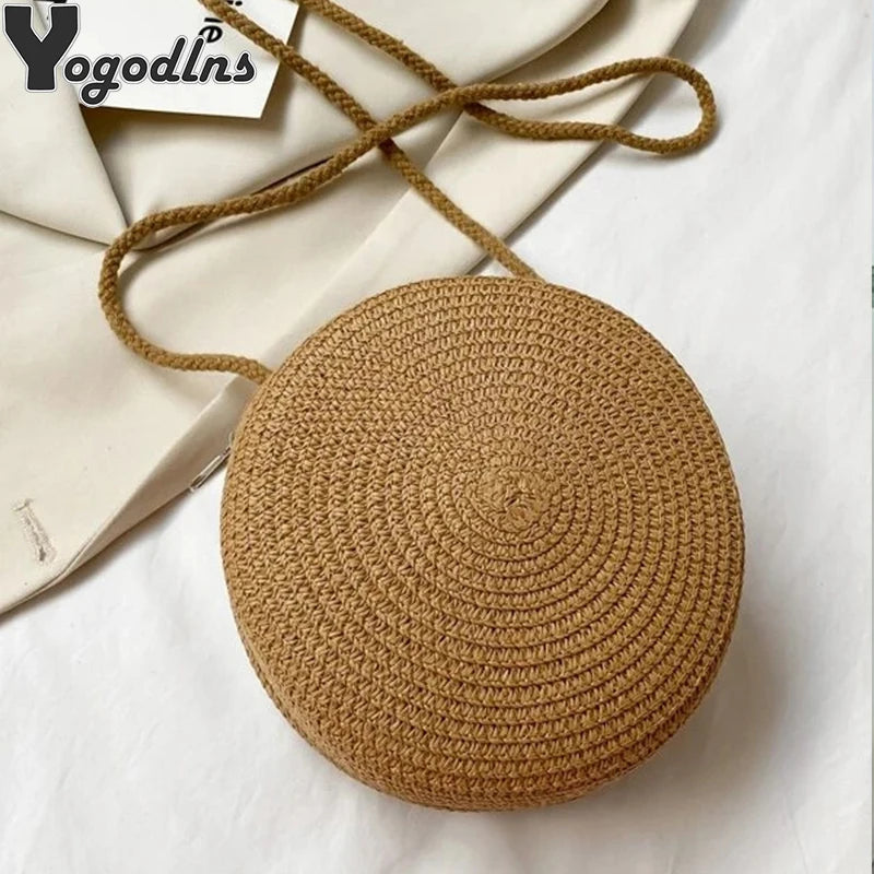 Round Straw Bag Women Woven Beach Crossbody Ladies Cute Shoulder