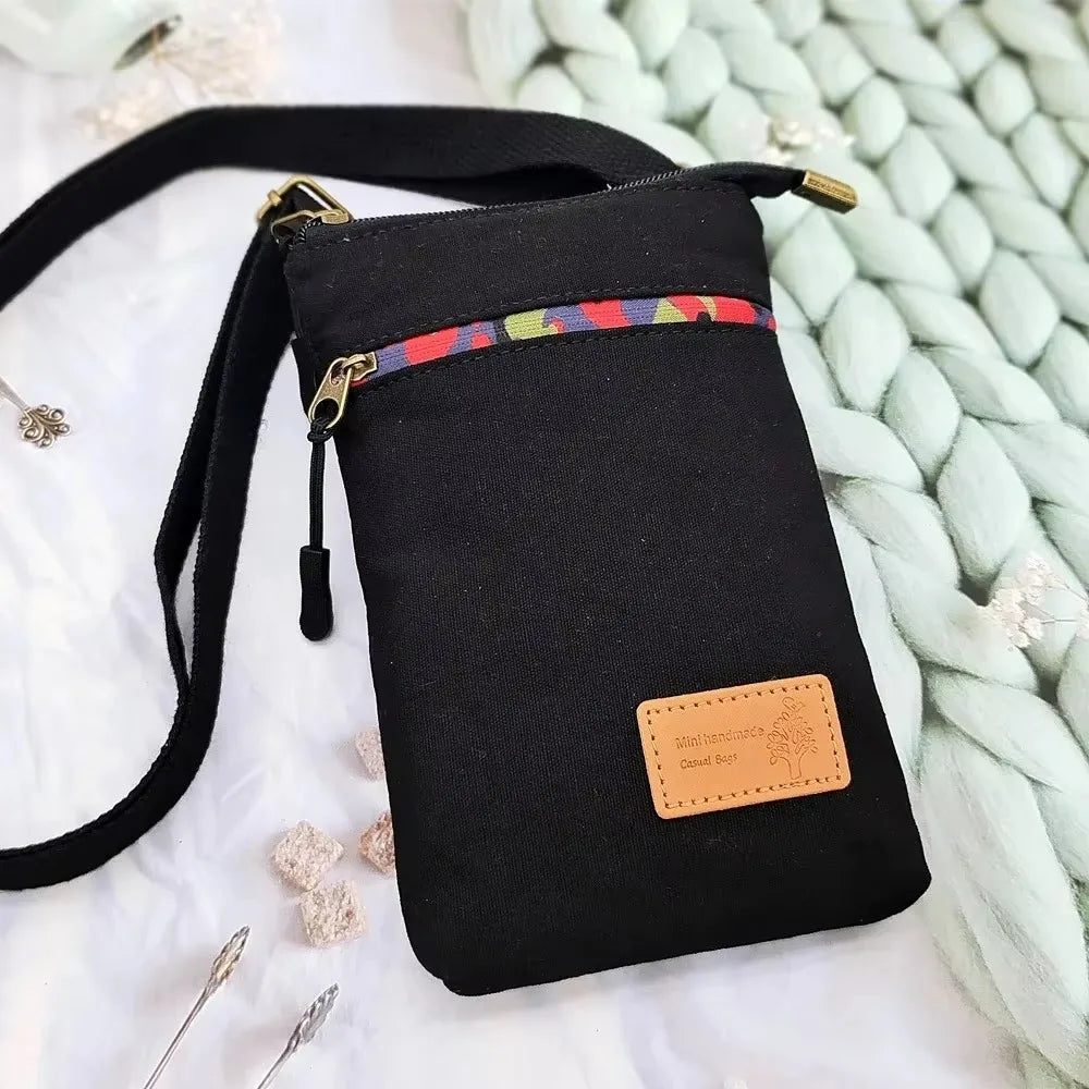 Solid Canvas 3 Layer Crossbody Cell Phone Bag Simple Cloth Women's