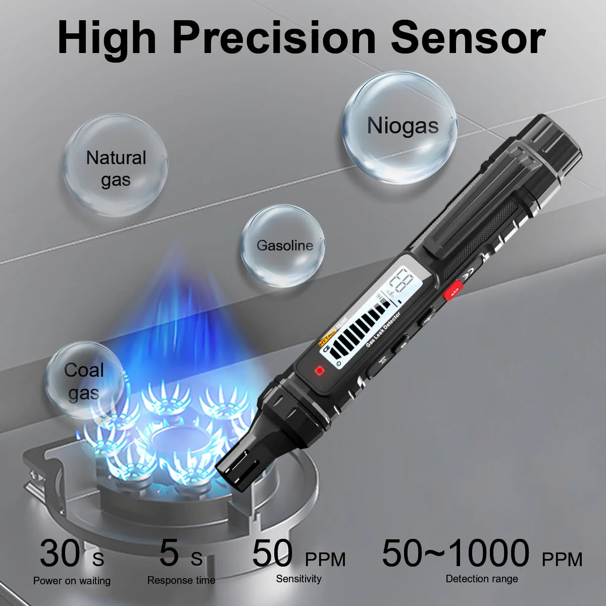 HYTAIS TS20E Combustible Gas Detector Household Natural Gas Leak Detector Audible & Visual Alarm Backlit LCD Gas Sniffer Test Vue