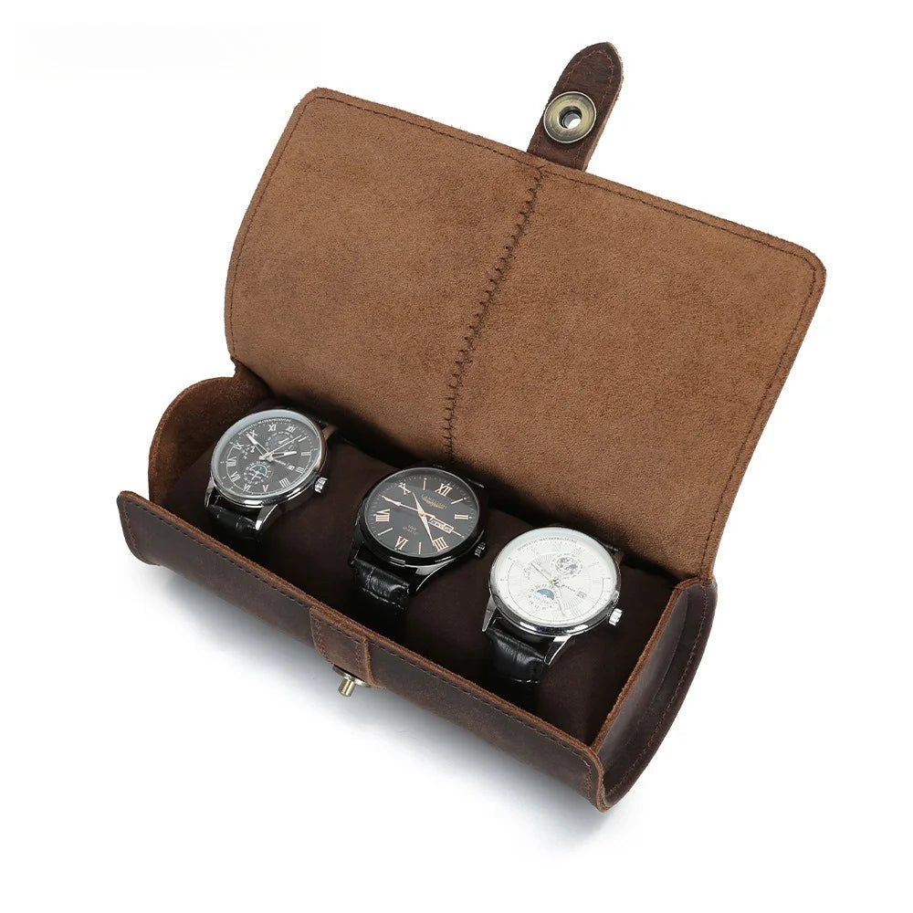 Retro Crazy Horse Leather Watch Box Creative Round Buckle Leather Storage Box Three Packs of First-layer Cowhide Vue
