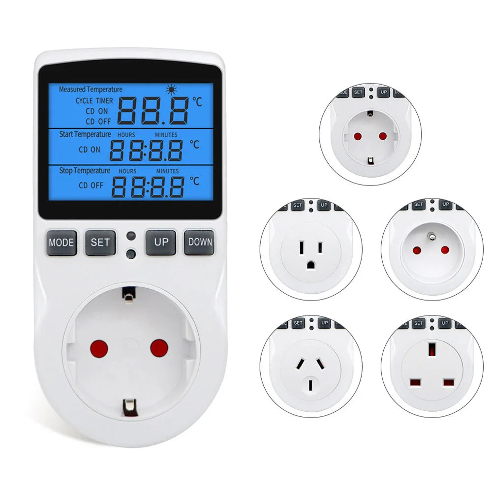 EU/US/UK/AU/FR 3680W Thermostat Temperature Controller LCD Backlit Digital Thermostat Heating Cooling Control Mode Plug in Timer Vue