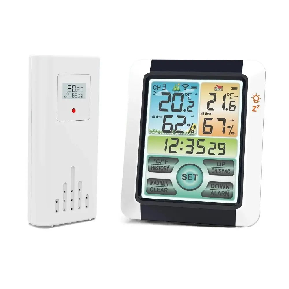 Wireless Temperature and Humidity Meter Alarm Clock Touch Screen Display Digital Weather Station Hygrometer Weather Forecast Vue