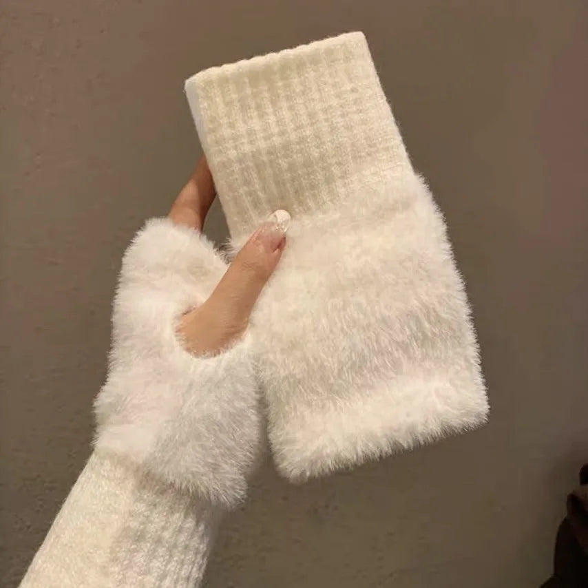 Mink Fleece Soft Winter Half Finger Gloves Women Warm Luxury Solid White Plush Knitted Fingerless Gloves Wrist Mittens Writting Vue White