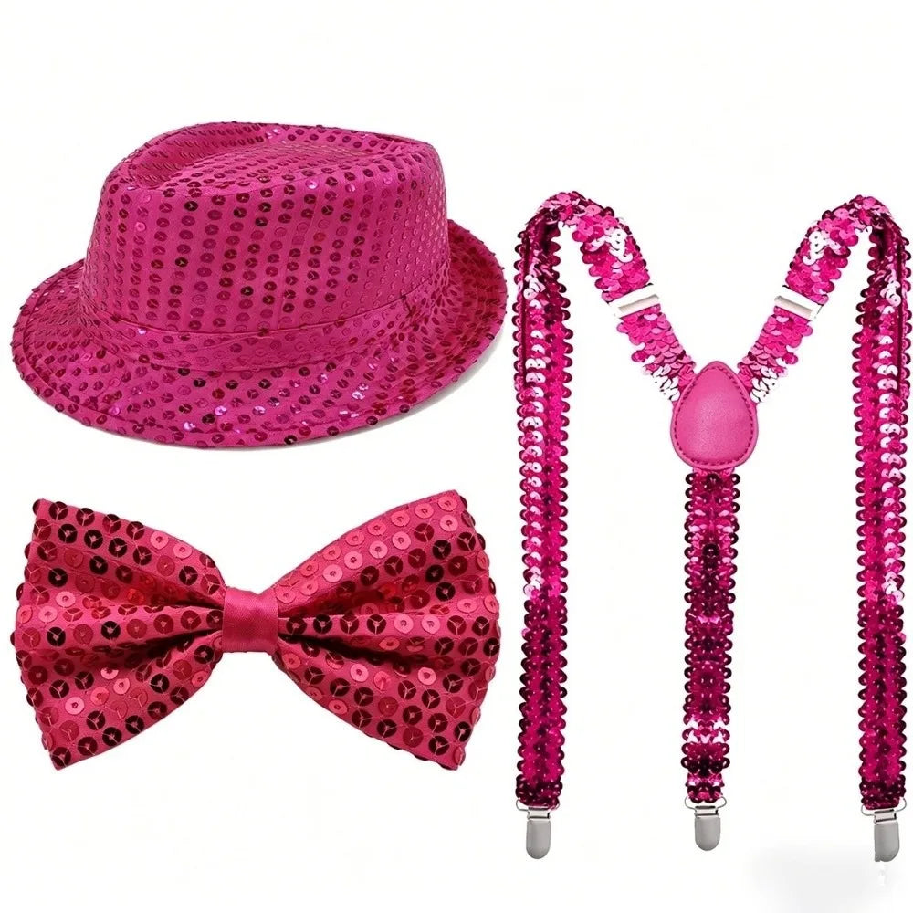 Fashion Solid Color Performance Props Set Sequined Performance Neck Tie Party Prop Halloween Decor Sequined Hat Carnival Vue Rose Red