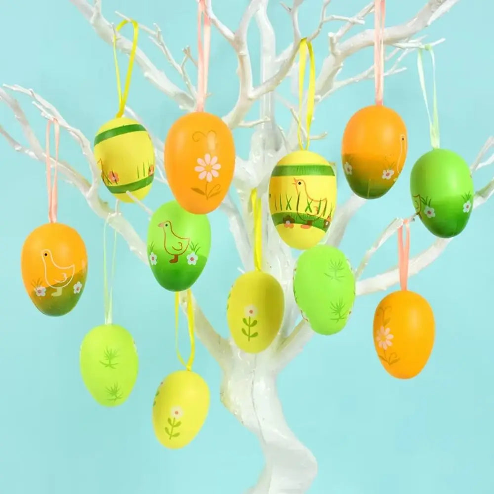 12Pcs/Set Cartoon Easter Hand Painted Egg DIY Craft Easter Egg Artificial Egg Pendant Vibrant Color Artificial Vue