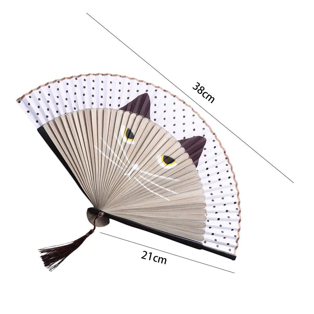 1 Pcs Chinese Style Handmade Bamboo Wooden Cartoon Cat Patterns Fan Crafts Folding Fan Silk Fan Home Decoration Abanicos De Mano Vue