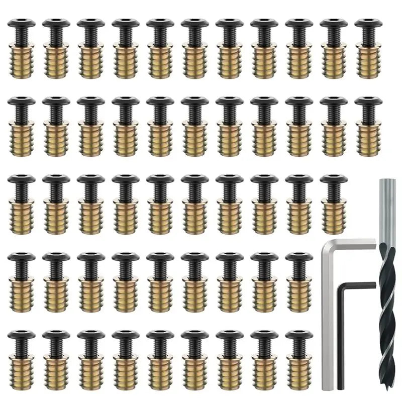 ABKW-50 Sets 1/4-20 X 19/32" Threaded Insert And Bolt For Wood, Hex Socket Drive Furniture Screw Nut Assortment Kits Vue As Shown CN