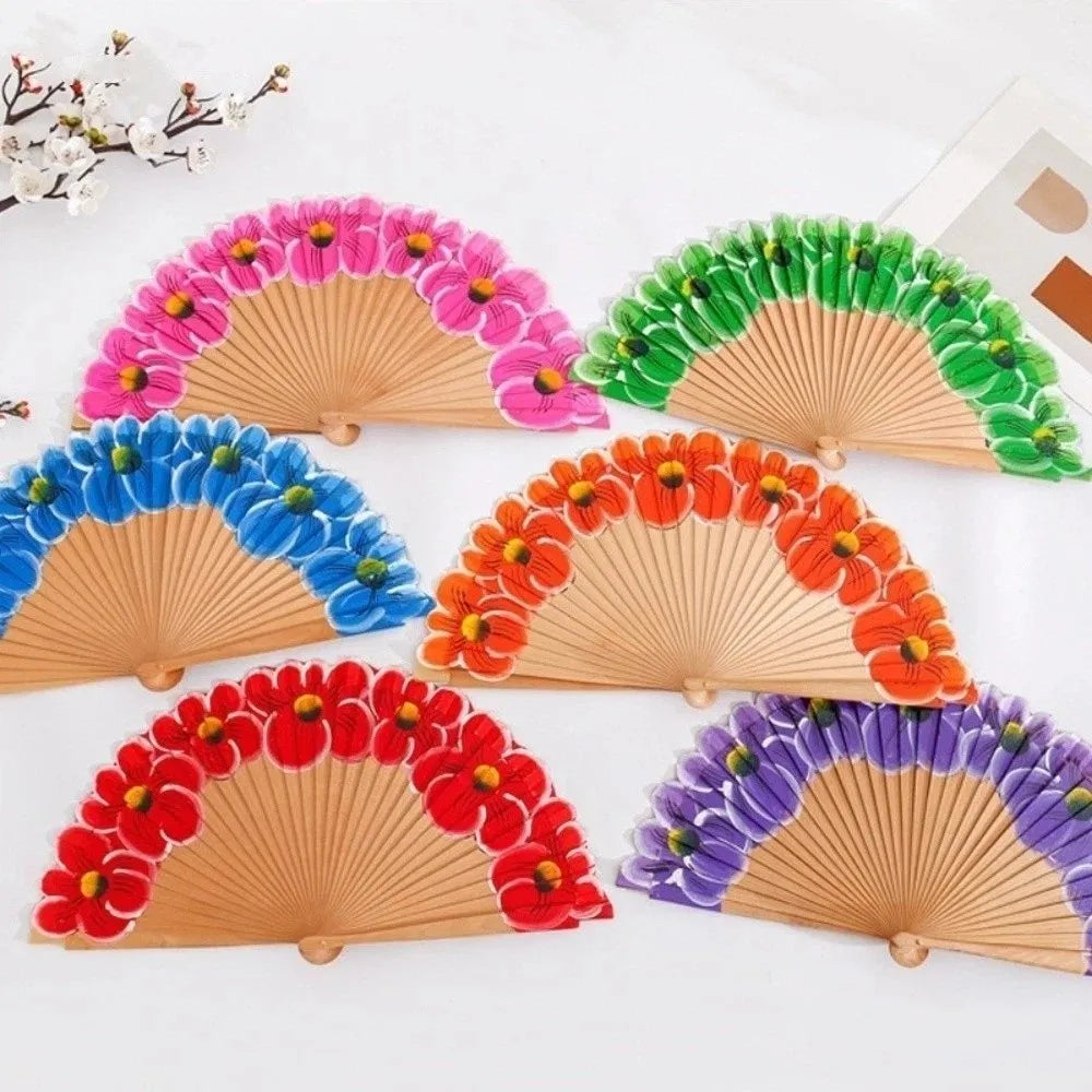 Wooden Folding Fan Hand-Painted Pattern Handmade Cheongsam Dance Fan Chinese Style Classic Handheld Fan Photography Prop Vue