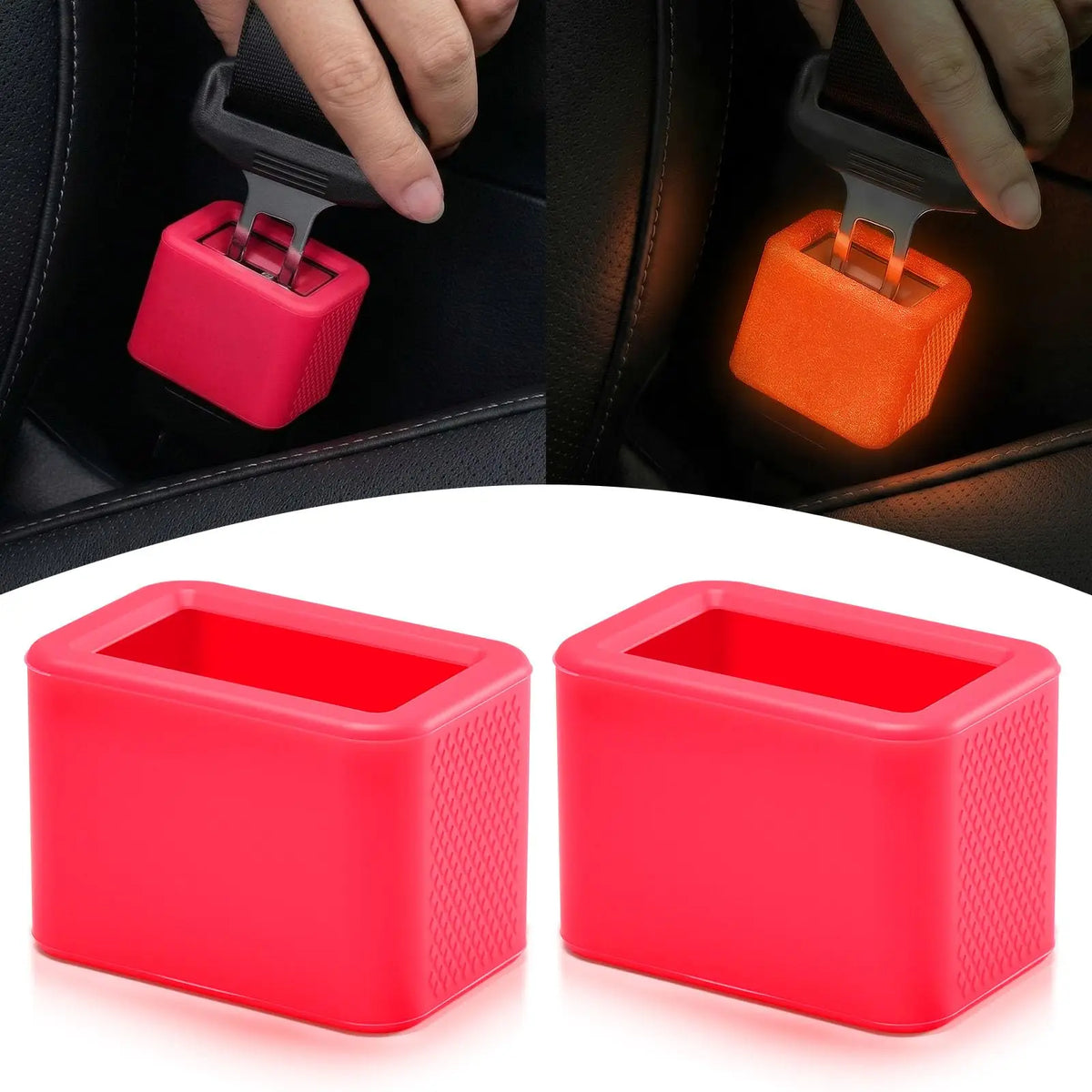 2Pcs Glow-in-the-Dark Seat Belt Buckle Holder, Silicone Rear Booster - Makes Receptacle Upright for Quick Access, Universal Fit Vue Red