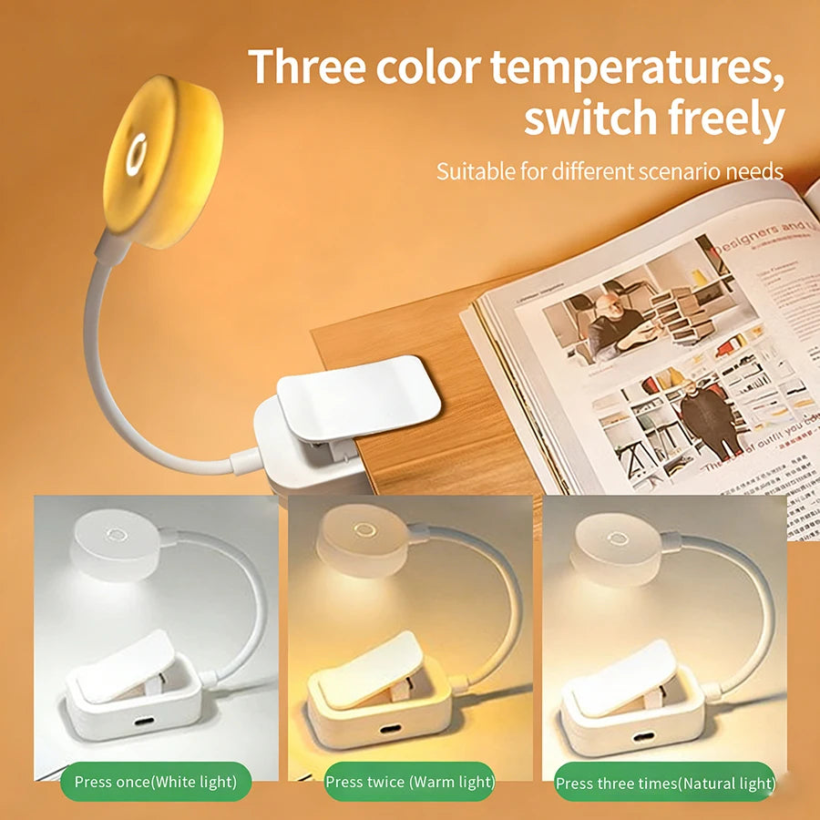 3 Color LED Night Light Rechargeable Book Reading Light Lamp for Reading in Bed Eye Caring Adjustable Brightness Temperatures Vue