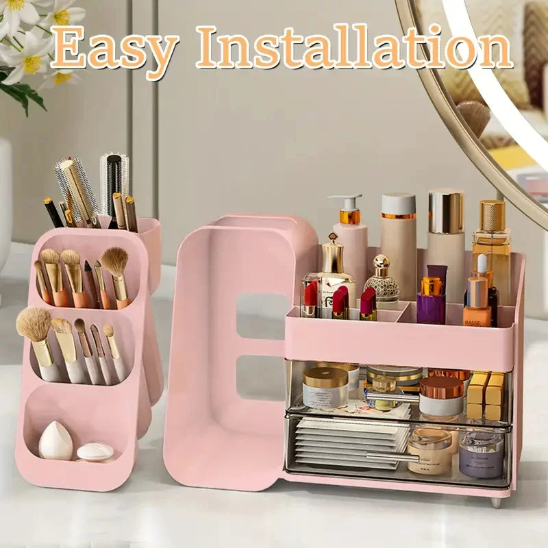 Large Capacity Makeup Tools Organizer with Drawers and Brushes Holder Plastic Cosmetics Skincare Dressing Desktop Storage Box Vue