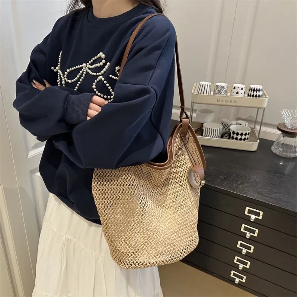 Summer Straw Woven Shoulder Bag Large Capacity Hollow Out Tote PU