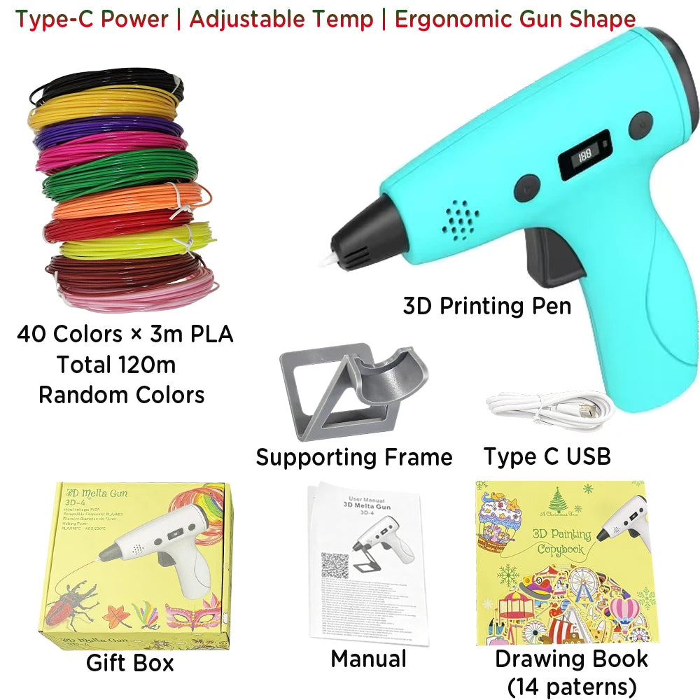 3D Printing Pen Type-C Adjustable Speed LCD Display DIY Graffiti Pen for Kids Teens PLA ABS 3D Art Craft Birthday Gift Boy Girl Vue blue with 120M PLA