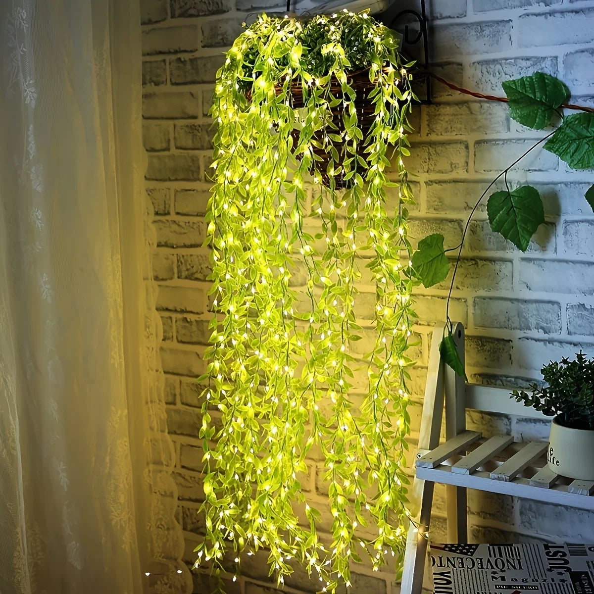 2 M 20 Light Always on Battery Box Willow Curtain Lamp Decorative Light String Imitation Leaf Wrought Iron Basket Copper Wire Vue