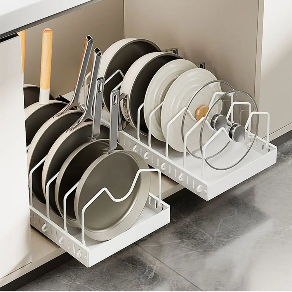 Adjustable Dividers Pull Out Pan Rack Sliding Design Anti-rust Pot Lid Holder Heavy Duty Retractable Kitchen Storage Rack Vue