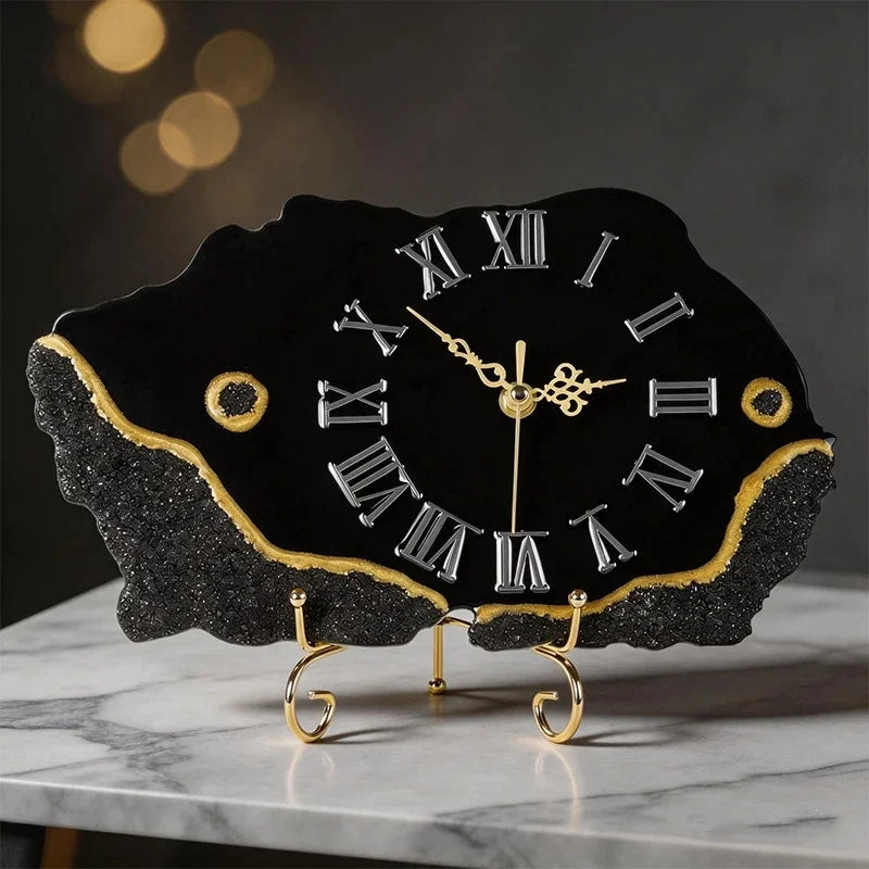 Black Crystal Chip Gold Edged Irregular Resin Clock Nordic Luxury Silent Desktop Or Wall Art Clock For Home Office Gift For Her Vue