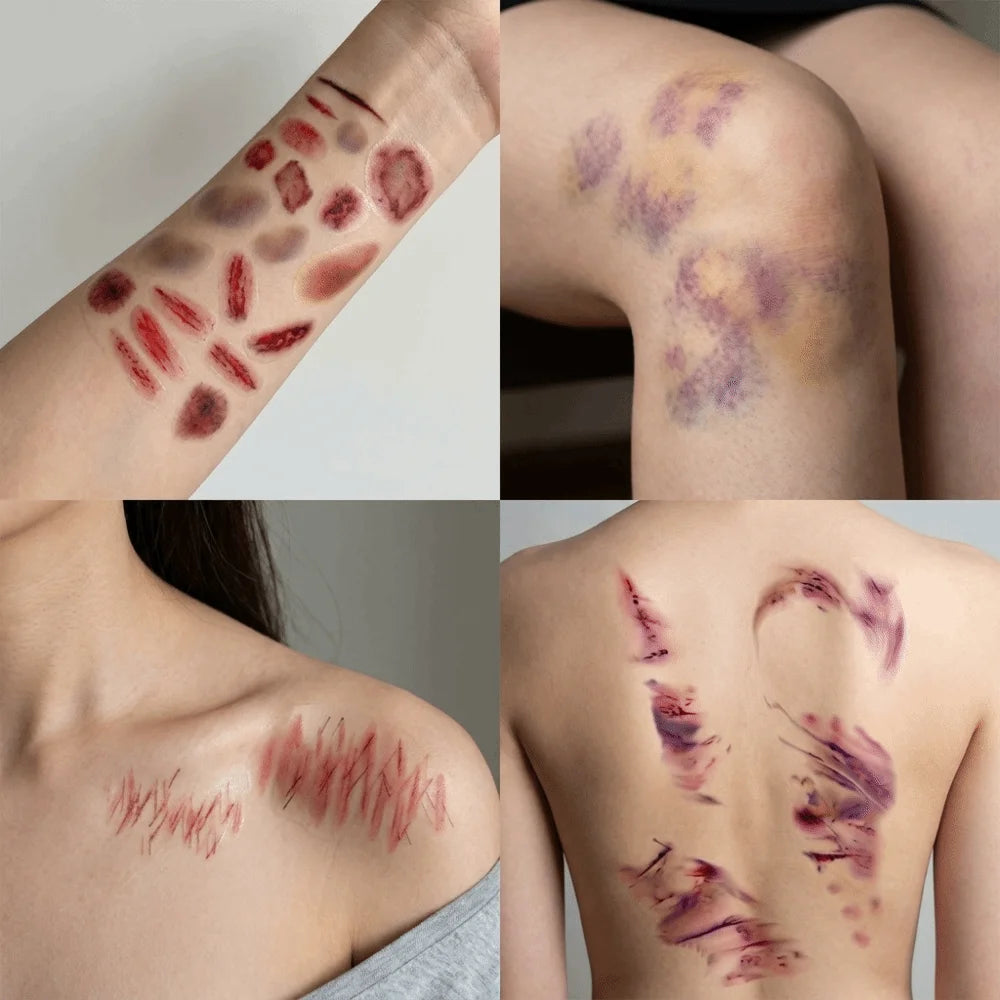 4Sheets Waterproof Halloween Temporary Tattoos Realistic Lasting Wound Bruising Tattoo Decals Portable Simulated Scar Vue