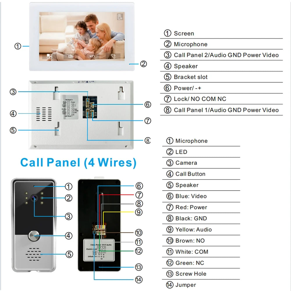 7inch Color Wired Video Intercom System Visual Doorphone Camera Video Doorbell Door Phone Kits for Home IP Villa Apartment M72T Vue