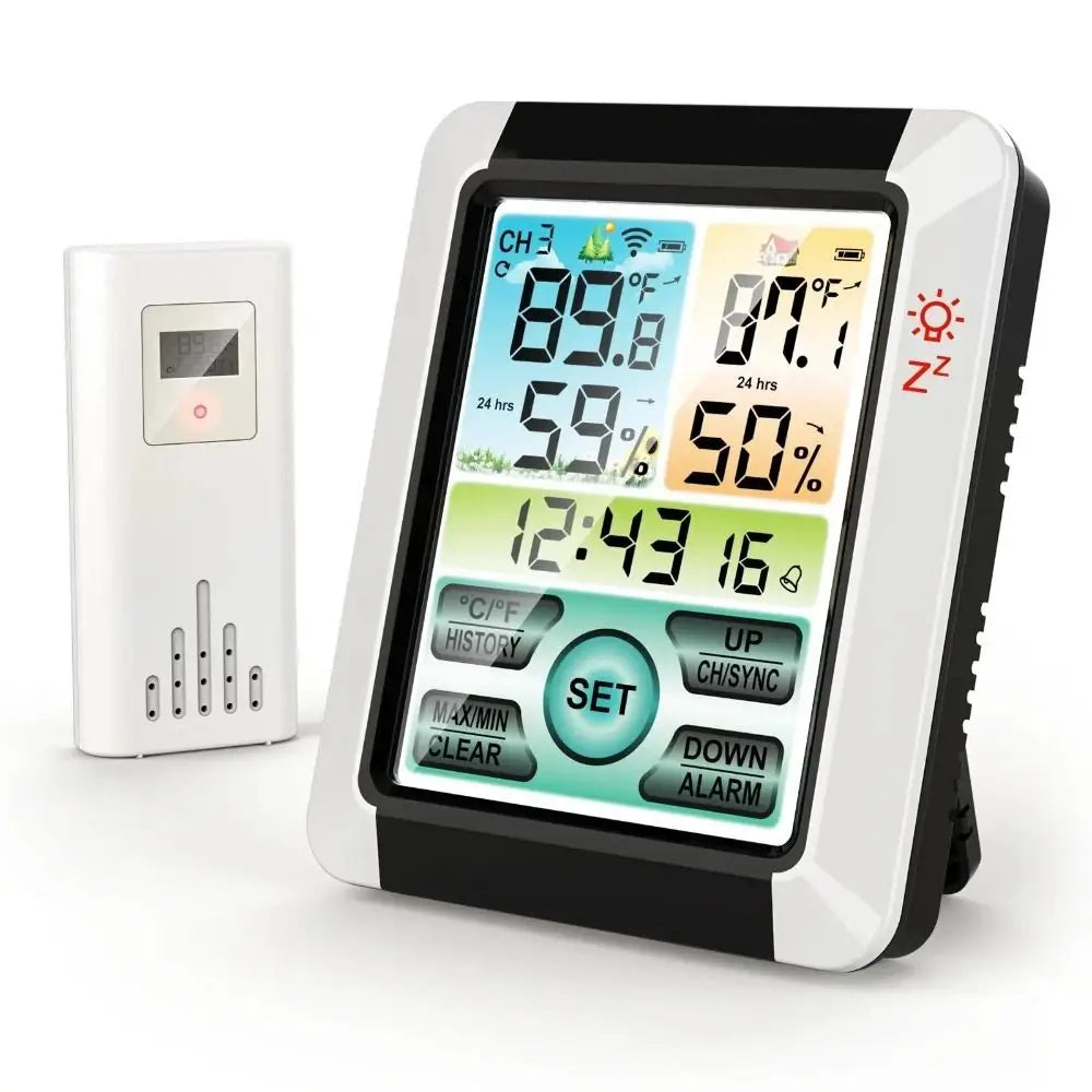 Wireless Temperature and Humidity Meter Alarm Clock Touch Screen Display Digital Weather Station Hygrometer Weather Forecast Vue