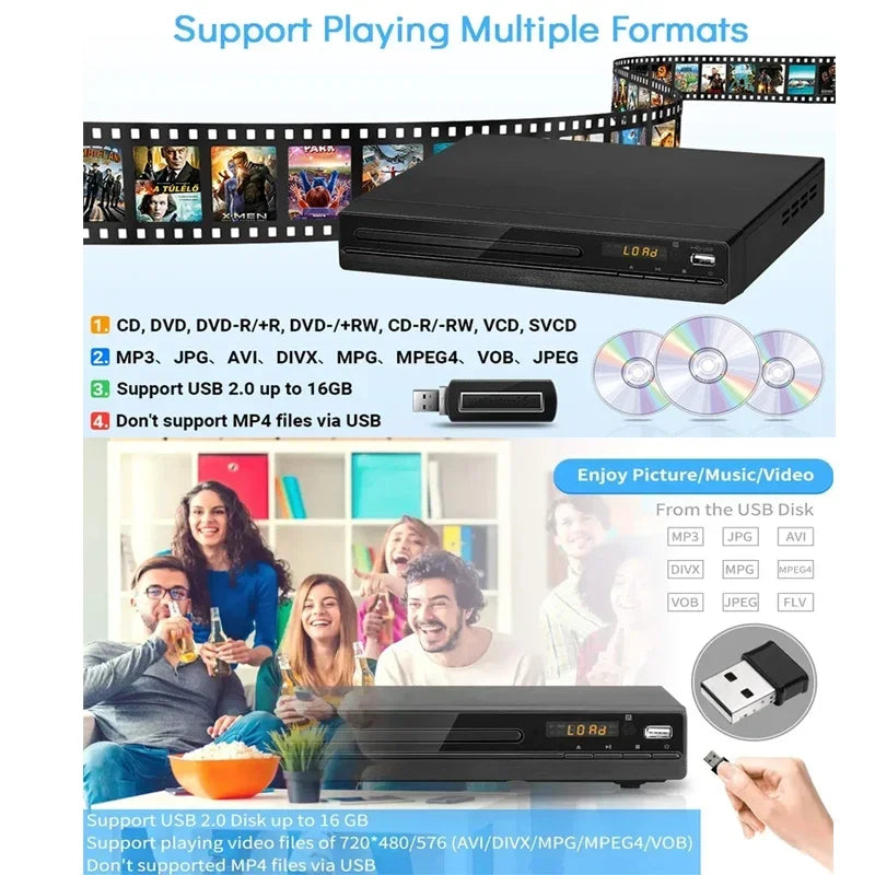 DVD Players with Remote Control 1080P HD VCD Player Home DVD Player Box For TV DVD CD Player HDMI-Compatible Home Theater System Vue