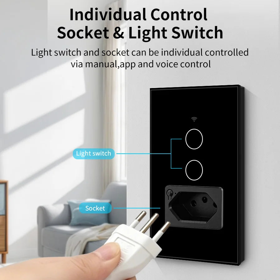 Tuya WiFi Smart Switch with Brazil Socket 1/2 Gang Plug 10A Wall Touch Light Switches Work with Smart Life App Alexa Google Home Vue
