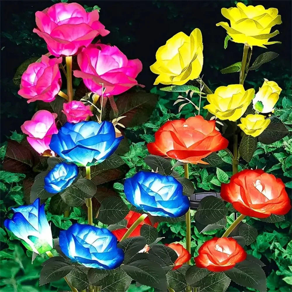 1/2PC Solar 5 Heads Rose Lights,Outdoor Artificial Flower LED Garden Lamp,Waterproof Landscape Stake Light,Patio Yard Home Decor Vue
