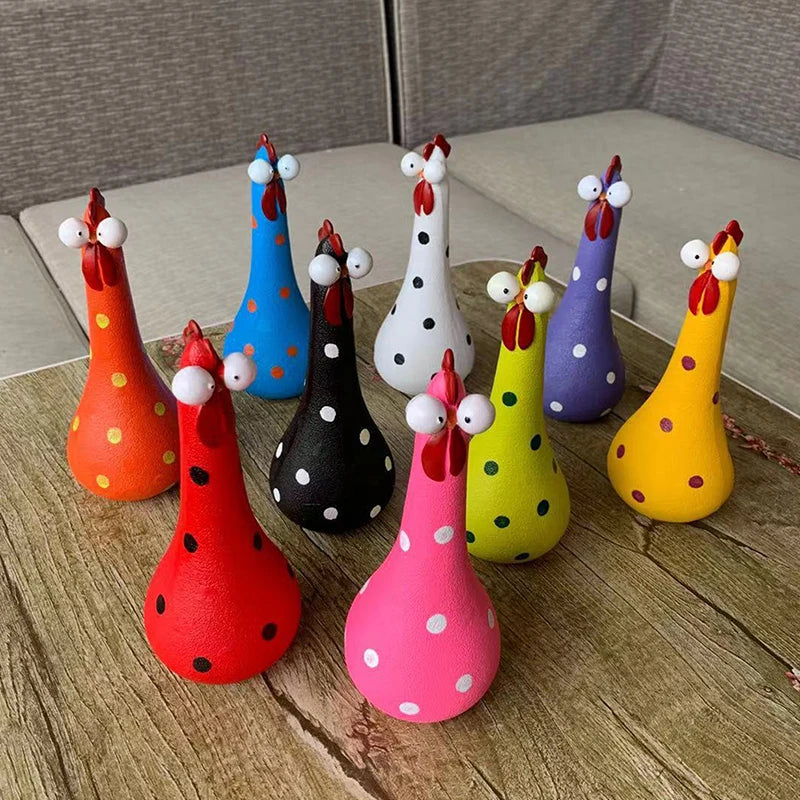 Quirky Big-eyed Chicken Figurine Colorful Polka Dot Resin Statue Long