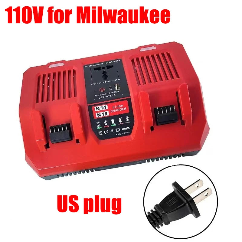 6A Fast-Charge Dual-Port Battery Charger for Milwaukee 18V Lithium Battery with Inverter USB Port Supports Simultaneous Charging Vue 110V US plug