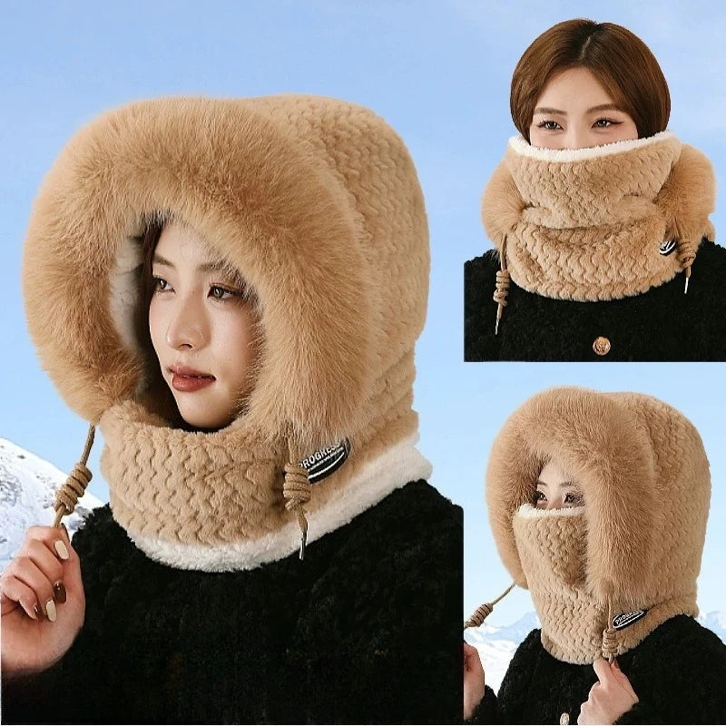 Warm Plush Winter Hat for Women Thick Hood Ear Protection Scarf and Mask Integrated Design Windproof for Riding Outdoor Travel Vue