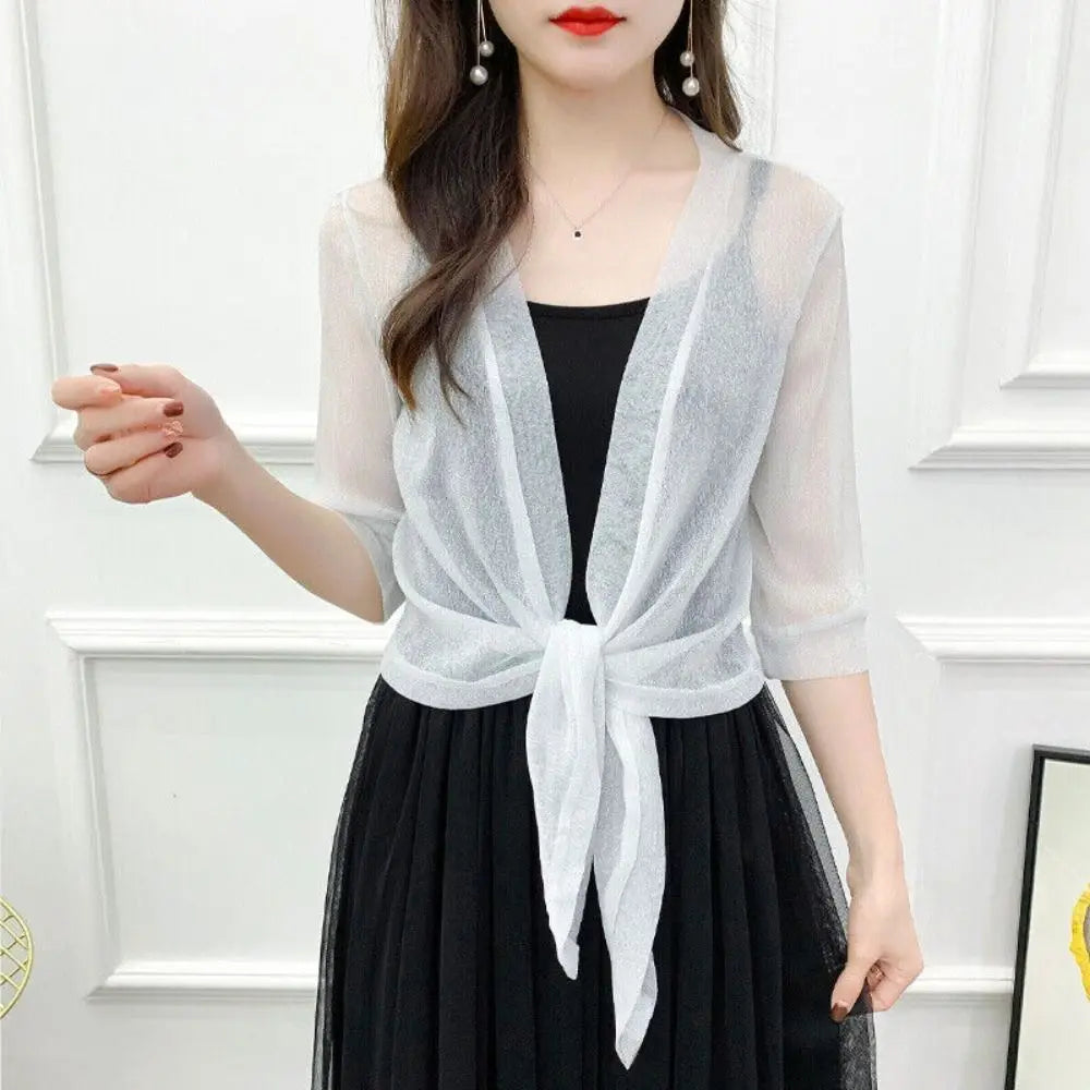 Glitter Tie Up Open Front Shrug Ladies Shawl Cropped Beach Summer Sun Vue White