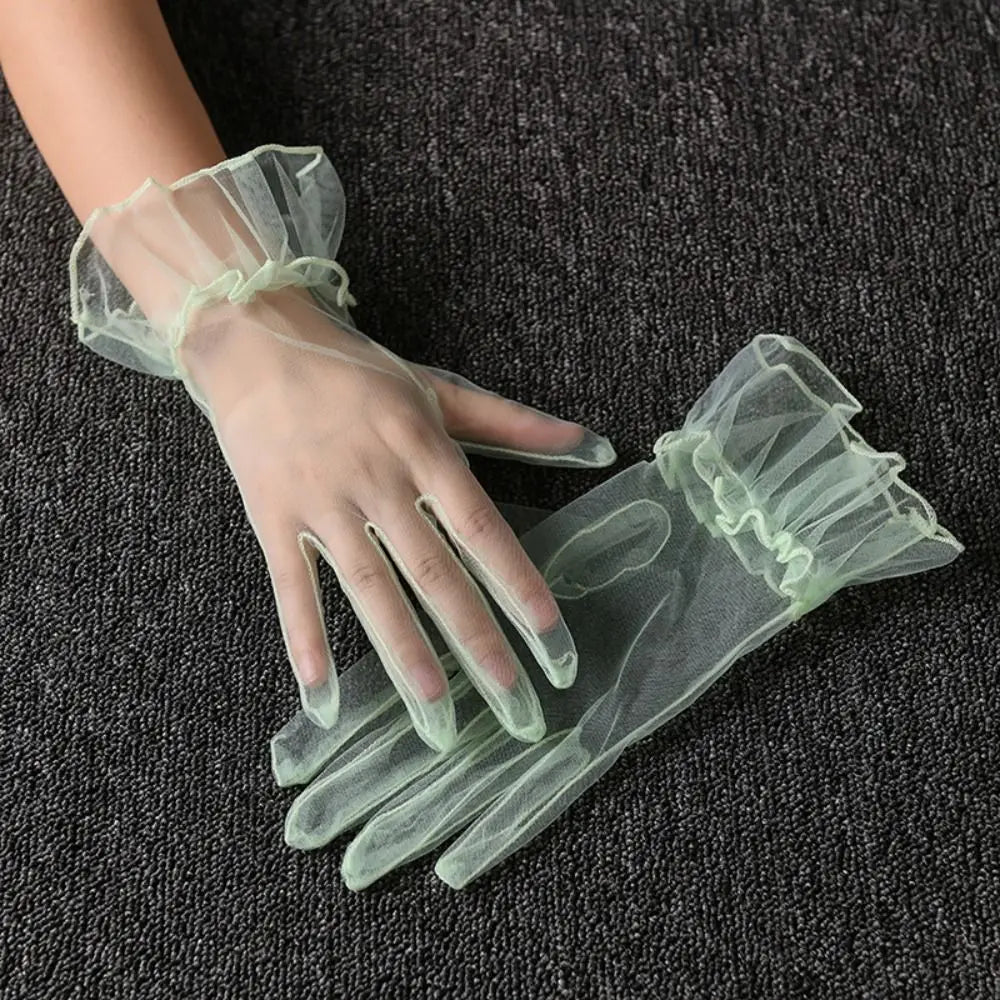 Elastic Transparent Women Tulle Gloves Ultra Thin Short Gauze Lace Vue Light green