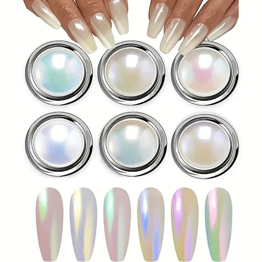 1 Set White Chrome Powder Pearl Chrome Metal Mirror Effect Nail Art Creation Painting DIY 6 Colors Vue