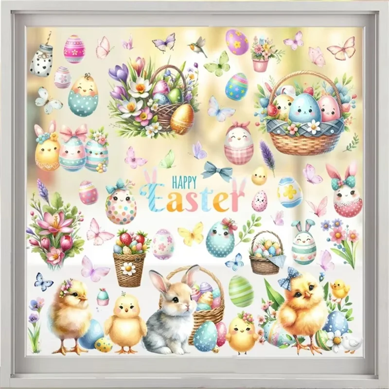 ABKW-1Set Happy Easter Window Stickers Cute Cartoonrabbit Easter Eggs 2025 Spring Wall Decal Vue