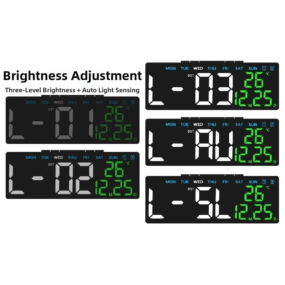 12/24H Format LED Electronic Clock 2 Alarms 3 Levels Brightness Alarm Clock Temperature Display Auto-Dimmer Large Digital Clock Vue