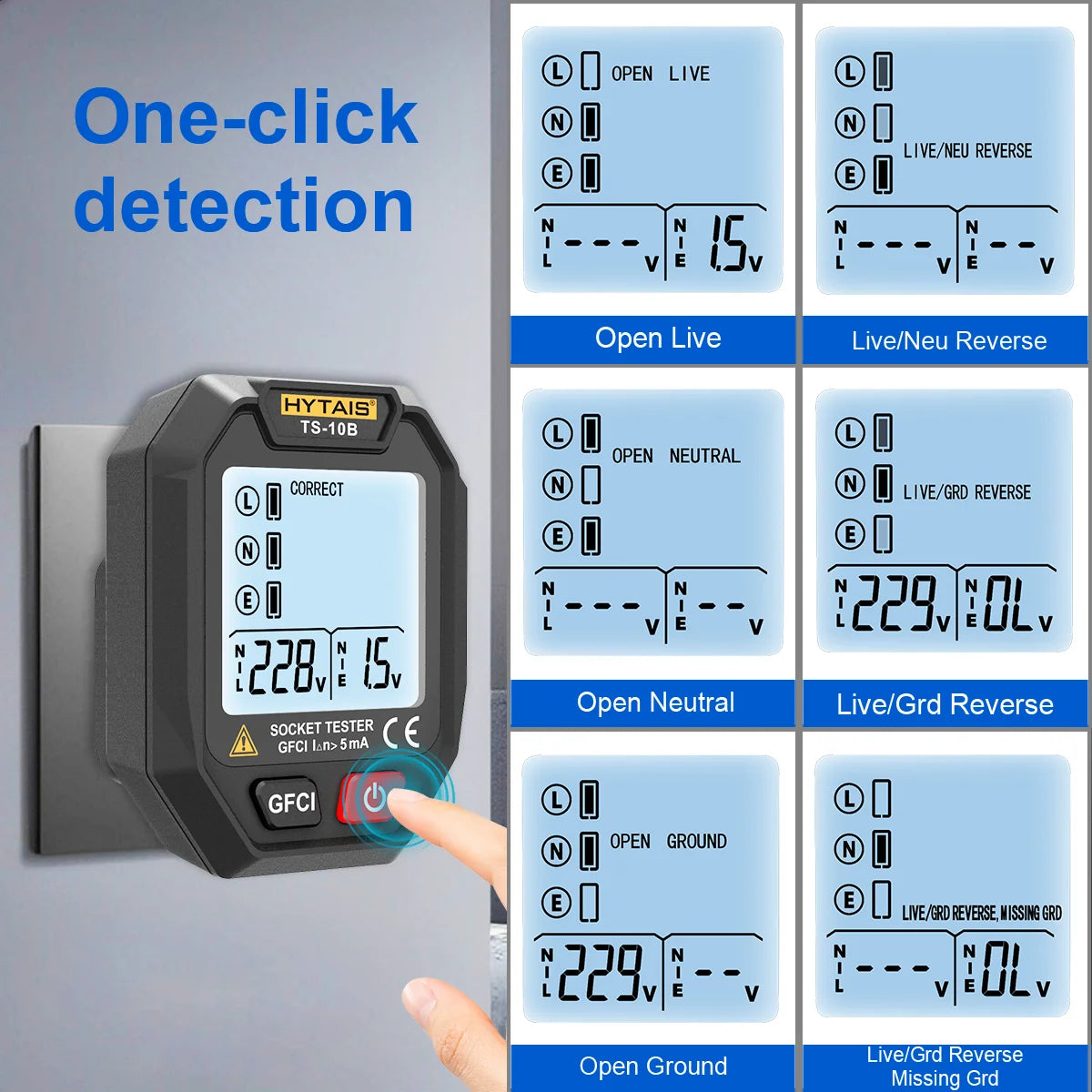 TS-10B Outlet Detector Battery Powered Smart Sock Detector Backlit Display EU US Ground Live Neutral Wire Polarity Phase Check Vue