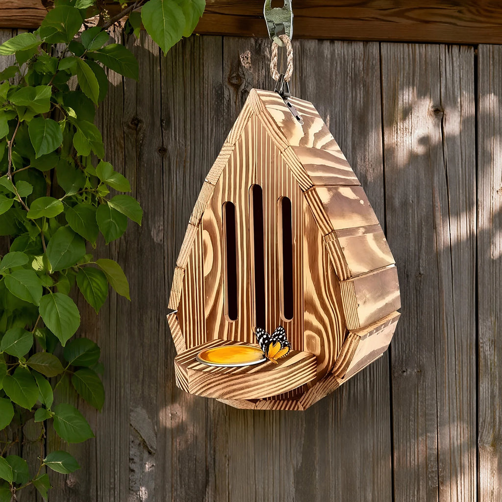 Wooden Teardrop Butterfly House with Feeder & Back Door Butterfly House Vue