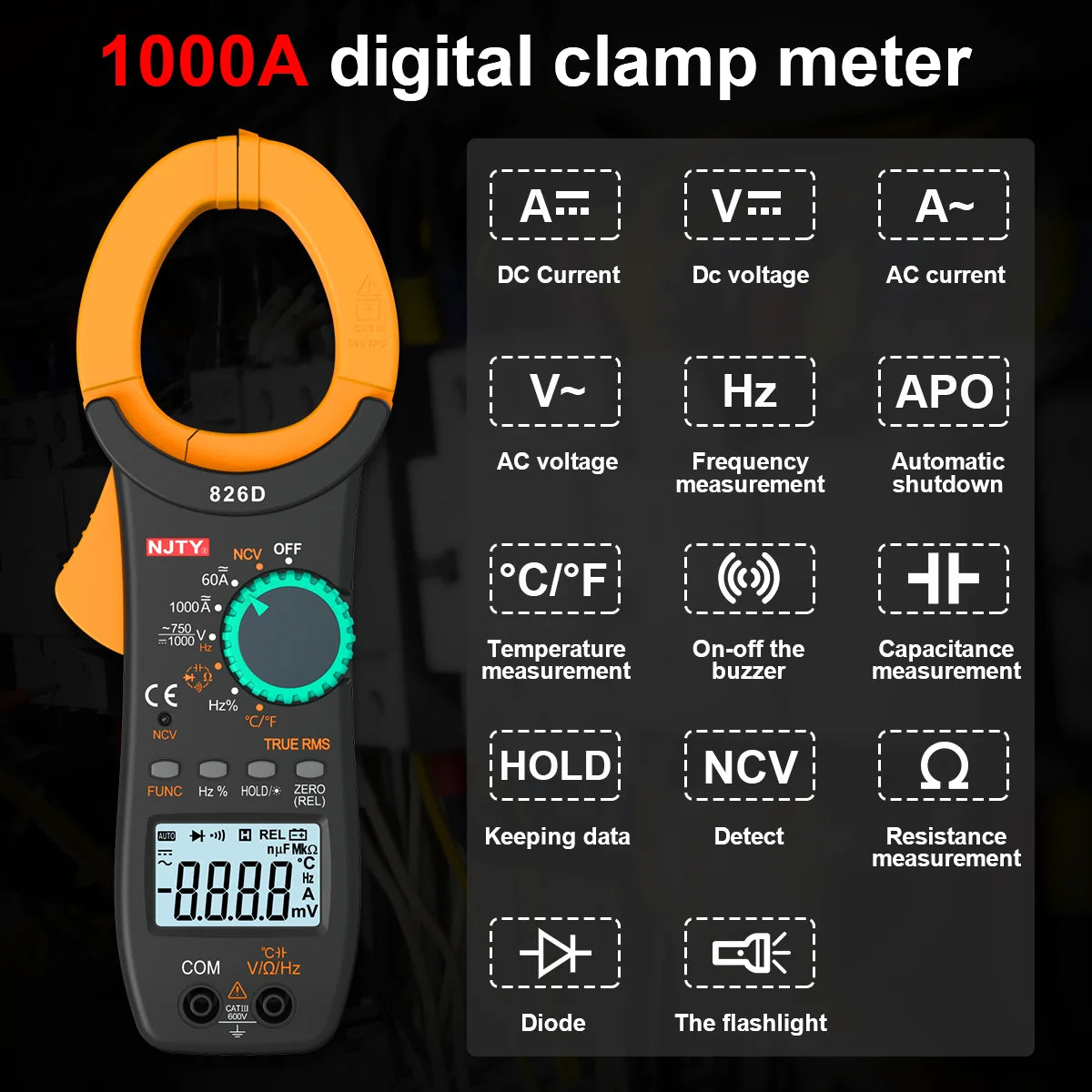 AC/DC Digital Clamp Multimeter Amp Meter 1000A 6000 Counts Voltage Capacitance Resistance Pinza Amperimetrica Temp Duty Cycle Hz Vue