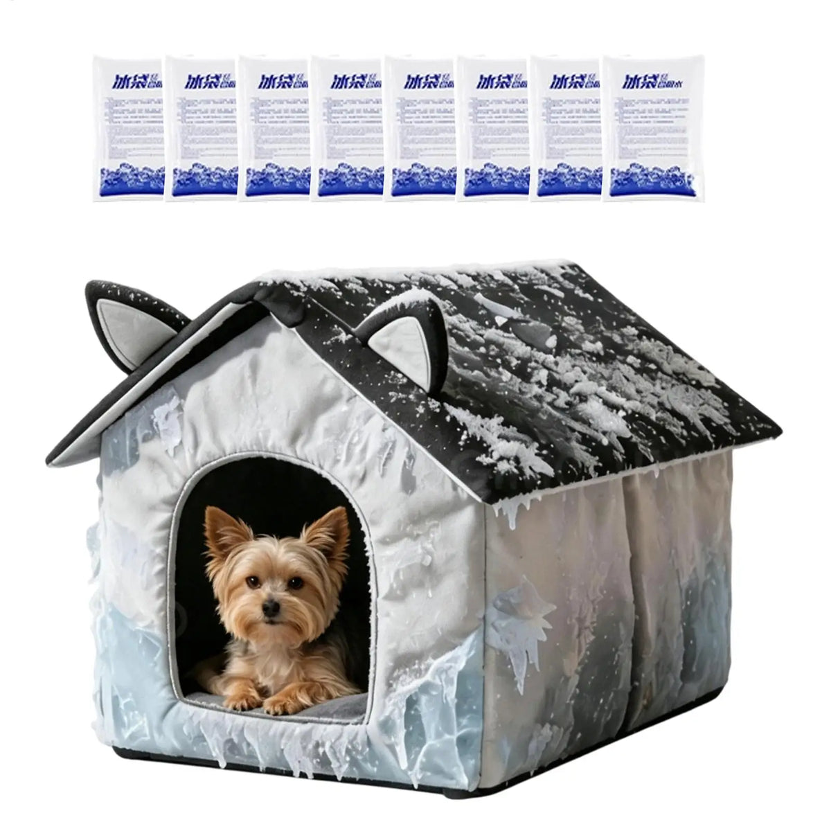 Cooling Cat House for Summer Waterproof Foldable Cave with 8 Ice Packs for Puppy Kitten Indoor Outdoor Sleeping Rest Hot Weather Vue S