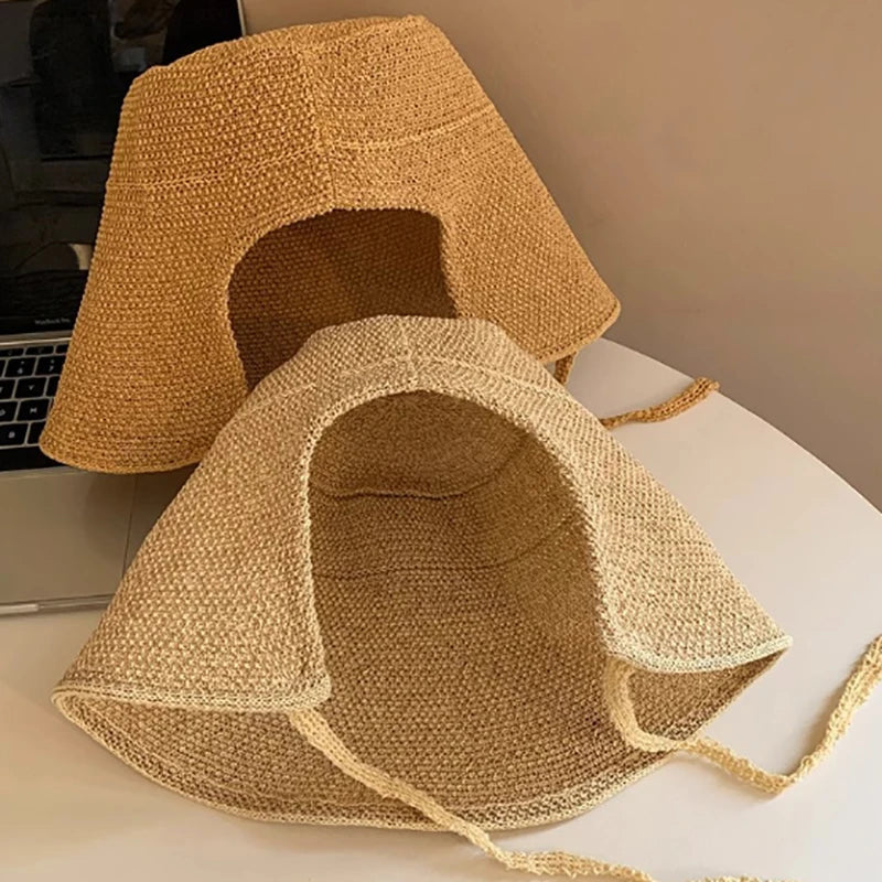 Linen Straw Regency Bonnets Hats For Women Sun Hats Bow Beach Cap Big Wide Brim Cloche Hat Chapeau Femme Lace Up Outdoor Summer Vue