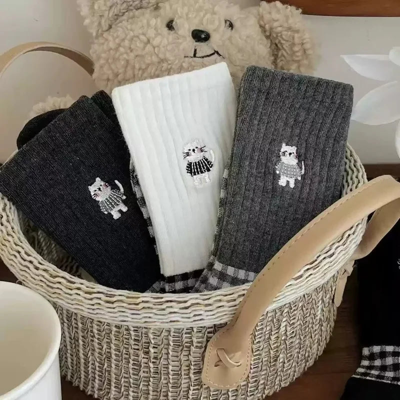 1-10Pairs Gray Plaid Cat Print Mid Calf Socks for Women Japanese Vintage Style Cotton Crew Socks School Daily Wear Spring Autumn Vue