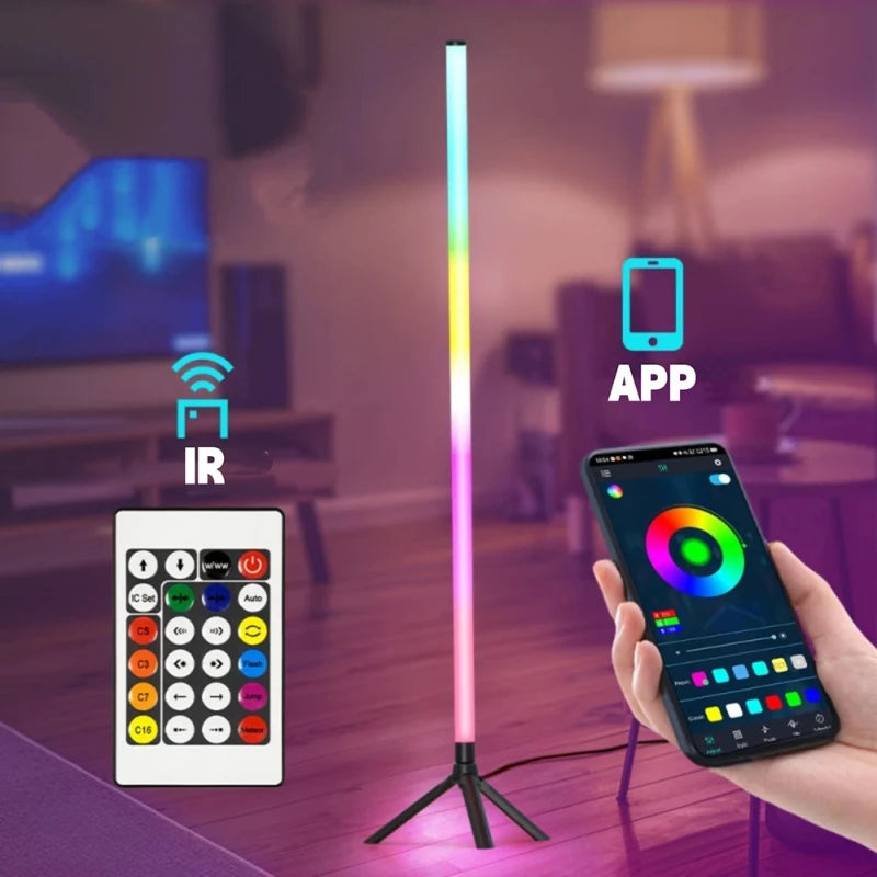 2pcs RGB Led Floor Light 24key Remote Bluetooth App Voice Control 120cm Round Tube USB Power for Gaming Room Ambiance Lighting Vue