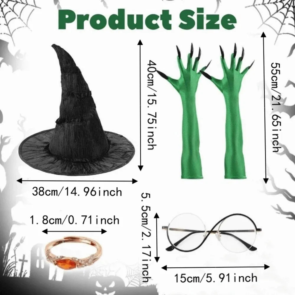 2/3/4Pcs Funny Witch Costume Set Green Claw Gloves Dress Up Cosplay Witch Cap Role Playing Eyewear Witch Hat Accessory Set Vue