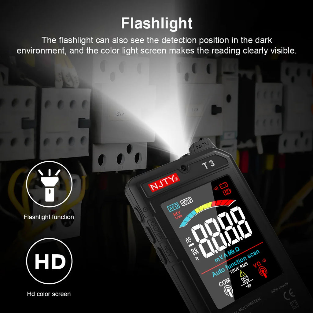 NJTY T3 MINI Smart Digital Multimeter Color Screen USB Rechargeable 4000 Counts Auto Ranging Voltage Resistance NCV Live Wire Vue