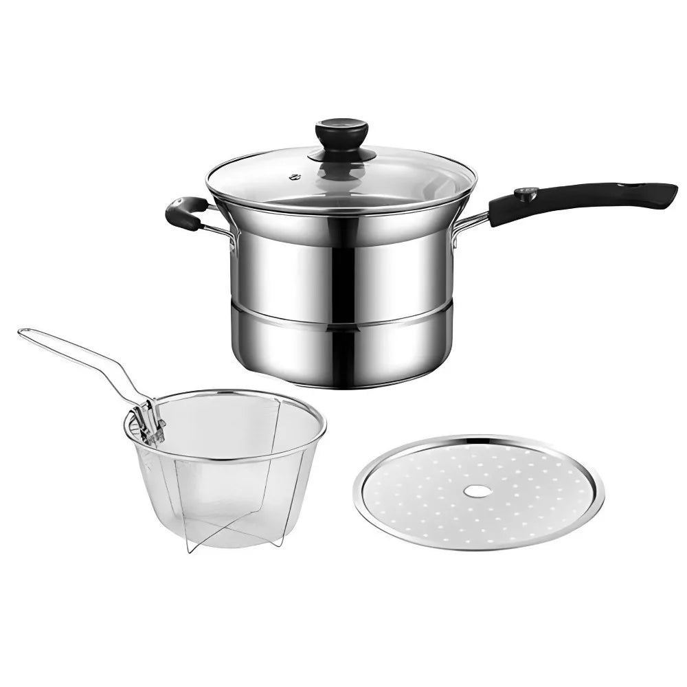 Household Stainless Steel Deep Fryer Pot with Frying Basket and Steamer Visible Lid Pasta Pot Japanese Stockpot Tempura Vue Silver