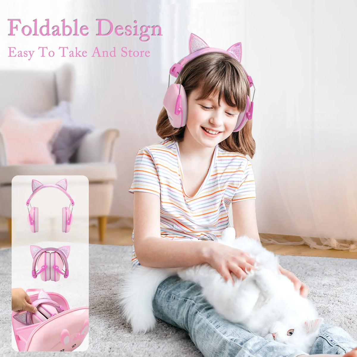 Cute Children Anti-Noise Earmuffs Pink Cat Ears Kid Hearing Protection Adjustable Ear Protector For Study Sleep Noise Cancelling Vue