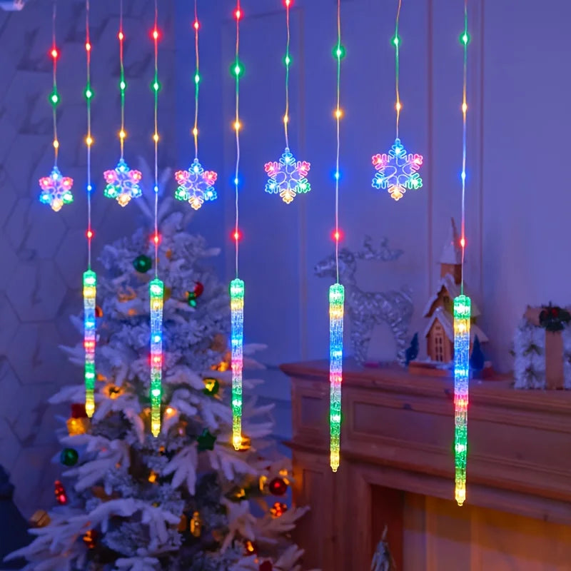 Whimsical Frosty Snowflake Icicle Curtain String Lights, Warm White LED Hanging Lights for Winter Christmas Home Party Decor Vue